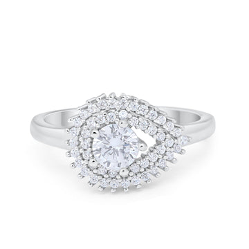 Sideways Teardrop Engagement Ring Round Simulated Cubic Zirconia 925 Sterling Silver